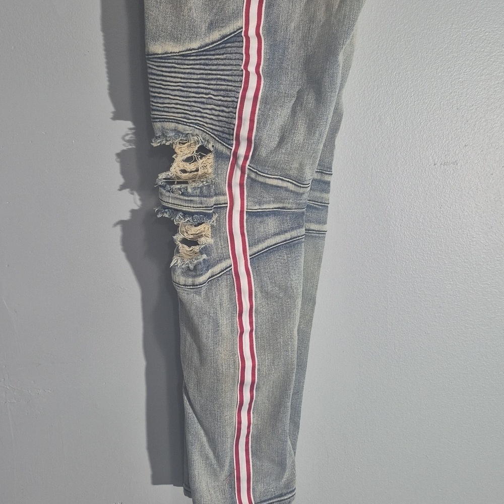 Rue21 Premium Blue Biker Denim Moto Jeans Skinny Supreme Flex Men's Size 34X32 - Picture 4 of 9
